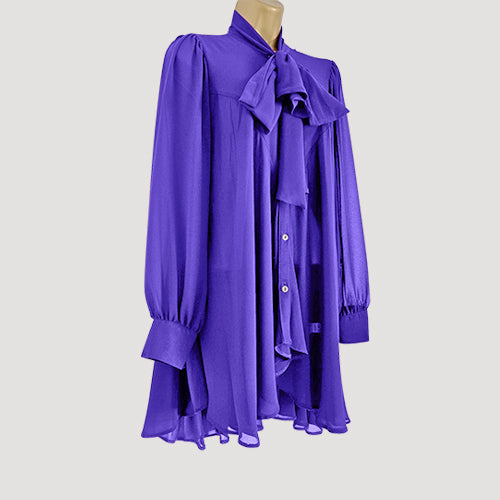 Pussy Bow Bell Shape Blouse in Purple Sateen Chiffon