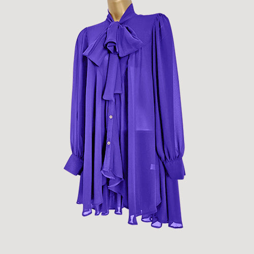 Pussy Bow Bell Shape Blouse in Purple Sateen Chiffon