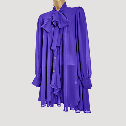 Pussy Bow Bell Shape Blouse in Purple Sateen Chiffon