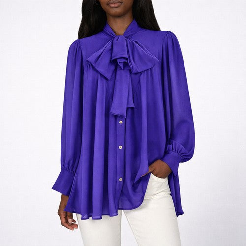 Pussy Bow Bell Shape Blouse in Purple Sateen Chiffon