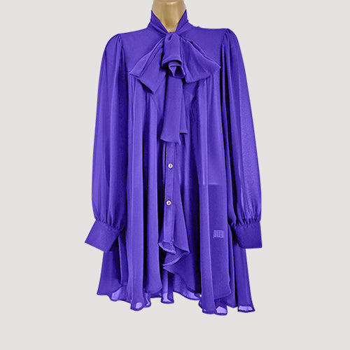 Pussy Bow Bell Shape Blouse in Purple Sateen Chiffon