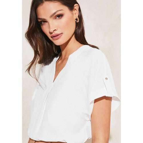 Regular Fit Utility V Neck Short Roll Sleeve Blouse in Champagne 