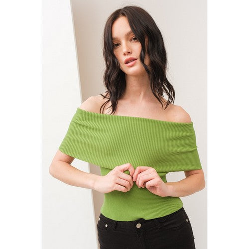 LB1651 Yoko Off-Shoulder Rib Sweater Top in Sage