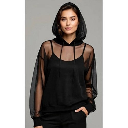 Next Elbow Slit Chiffon Hoodie in Black