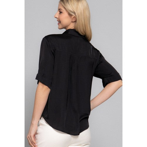 Split Neck Satin Patch Pocket Shirt in Black
