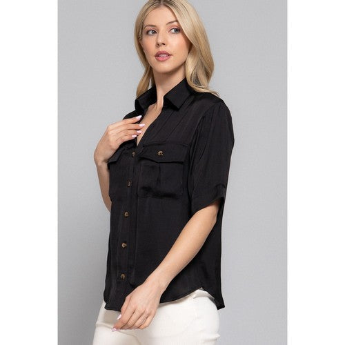 Split Neck Satin Patch Pocket Shirt in Black
