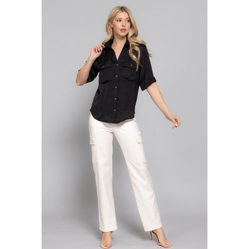 Split Neck Satin Patch Pocket Shirt in Black