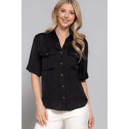 T14429 Split Neck Satin Patch Pocket Shirt in Black