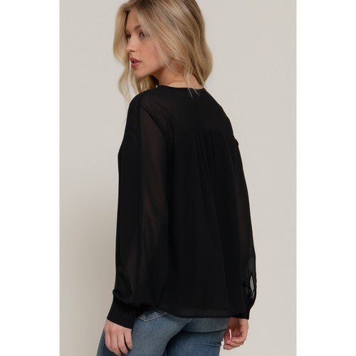 Chiffon Henley Blouse in Black