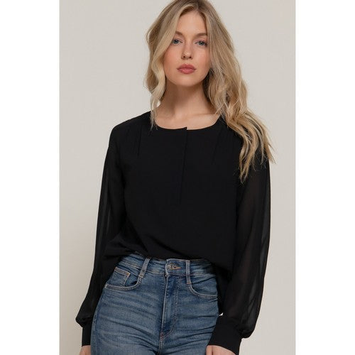 Chiffon Henley Blouse in Black