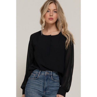 Chiffon Henley Blouse in Black