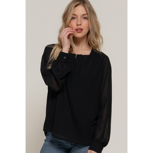T14541 Chiffon Henley Blouse in Black