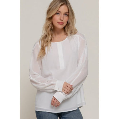 T14541 Chiffon Henley Blouse in White