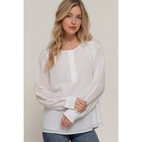 T14541 Chiffon Henley Blouse in White