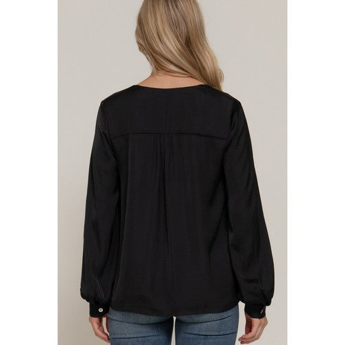 V Neck Satin Blouse in Black