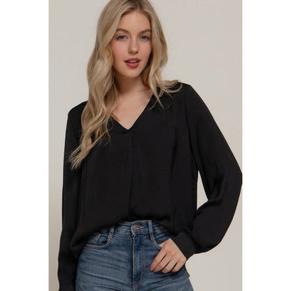V Neck Satin Blouse in Black