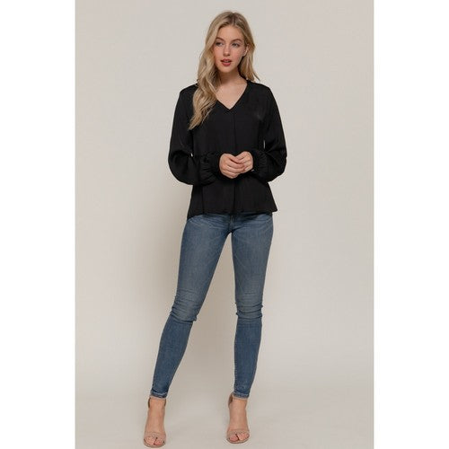 V Neck Satin Blouse in Black