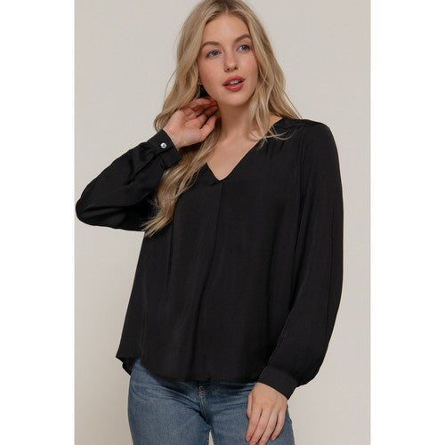 T14543 V Neck Satin Blouse in Black