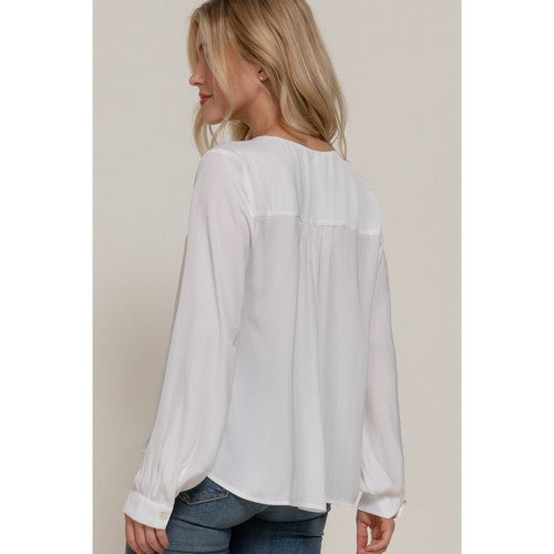 V Neck Satin Blouse in White