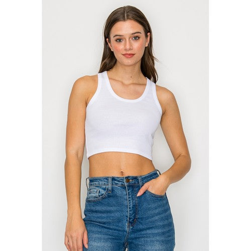 Scoop Neck Crop Rib Tank Top in White