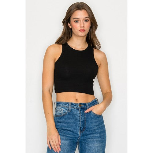 High Neck Crop Rib Tank Top in Black