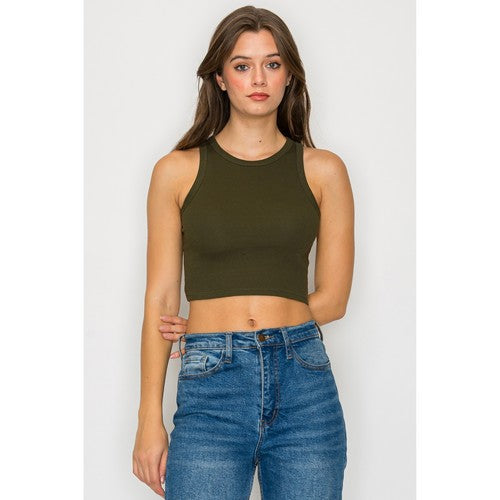 High Neck Crop Rib Tank Top in Olive