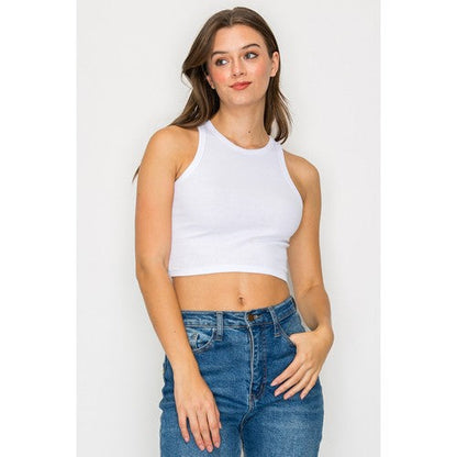 High Neck Crop Rib Tank Top in White