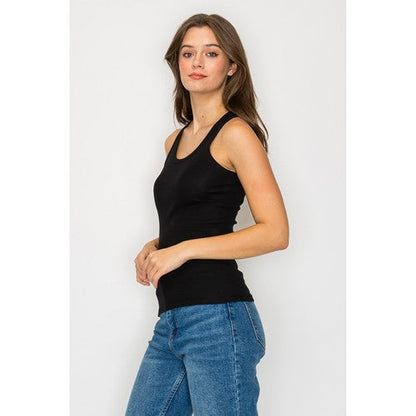 Scoop Neck Ribbed Tank Top in Black