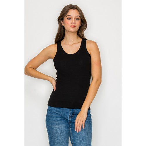 Scoop Neck Ribbed Tank Top in Black