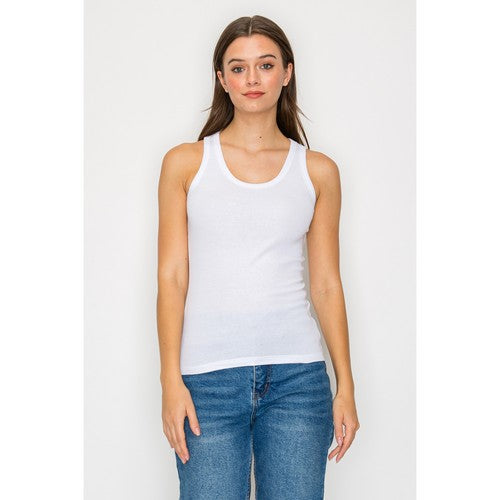 Scoop Neck Ribbed Tank Top in White