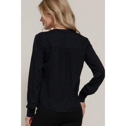 Split Neck Textured Stripe Blouse in Black