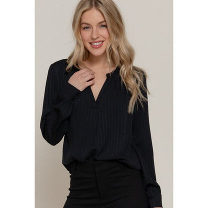 Split Neck Textured Stripe Blouse in Black