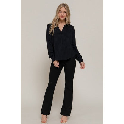 Split Neck Textured Stripe Blouse in Black