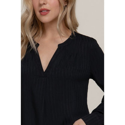 Split Neck Textured Stripe Blouse in Black