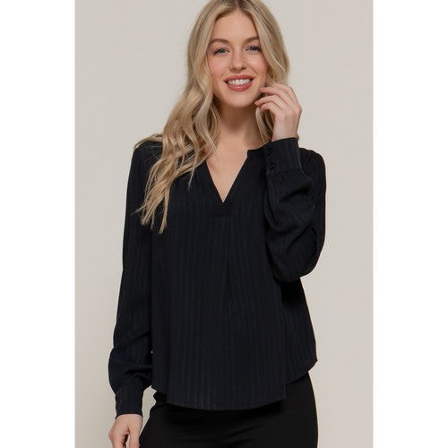 T14575 Split Neck Textured Stripe Blouse in Black