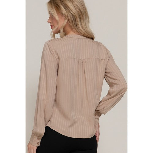Split Neck Textured Stripe Blouse in Light Khaki