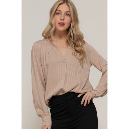 Split Neck Textured Stripe Blouse in Light Khaki