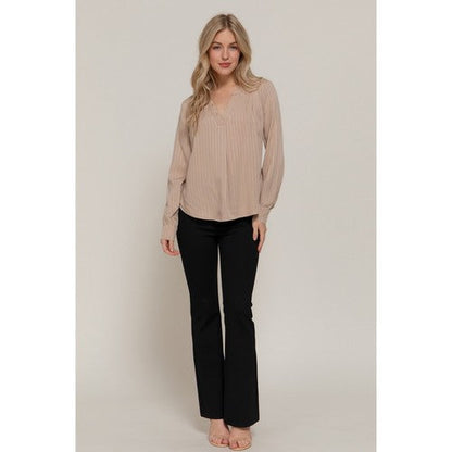 Split Neck Textured Stripe Blouse in Light Khaki