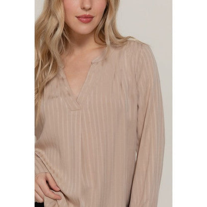 Split Neck Textured Stripe Blouse in Light Khaki