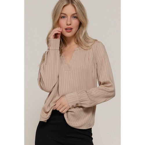 T14575 Split Neck Textured Stripe Blouse in Light Khaki