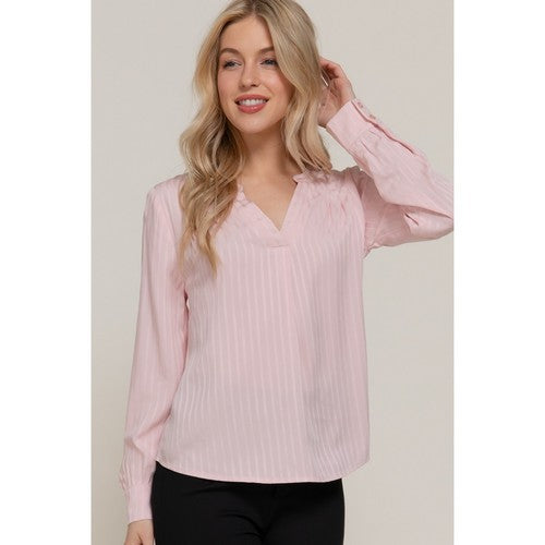 T14575 Split Neck Textured Stripe Blouse in Blush Pink