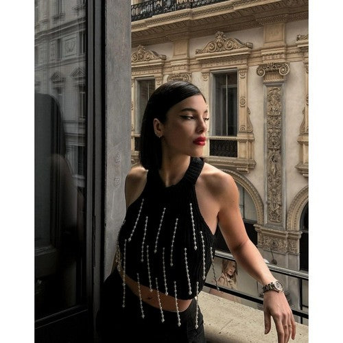 Pearl Strand Cropped Rib Halter Top in Black