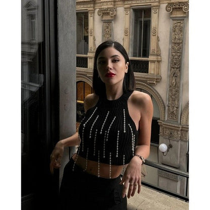 817 Pearl Strand Rib Halter Top in Black