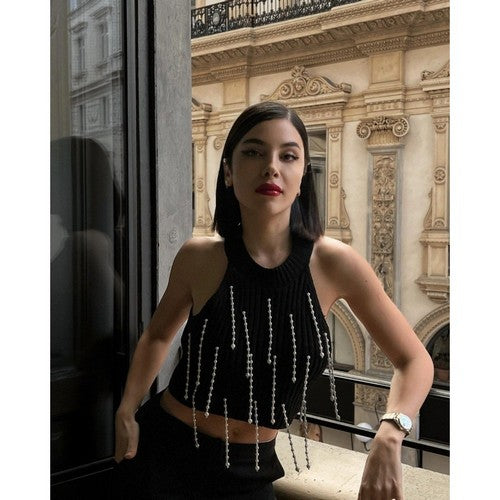 Pearl Strand Cropped Rib Halter Top in Black