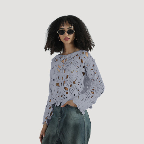 JJ271 Crochet Long Sleeve Top in Blue