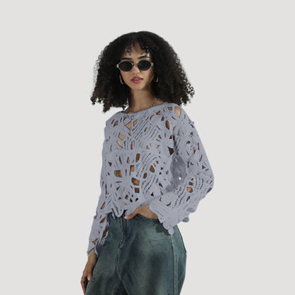 JJ271 Crochet Long Sleeve Top in Blue