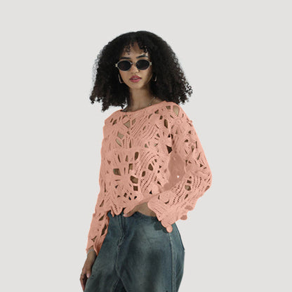 JJ271 Crochet Long Sleeve Top in Pink