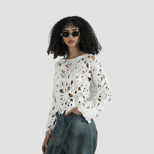 JJ271 Crochet Long Sleeve Top in White