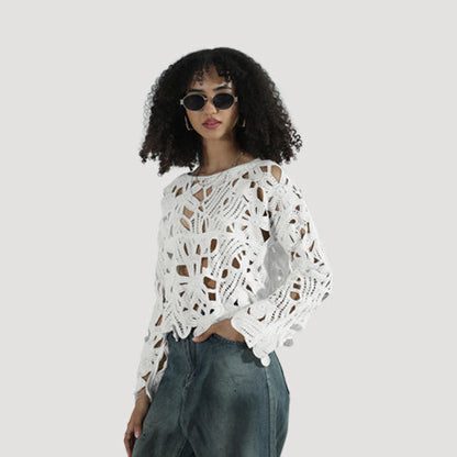 JJ271 Crochet Long Sleeve Top in White