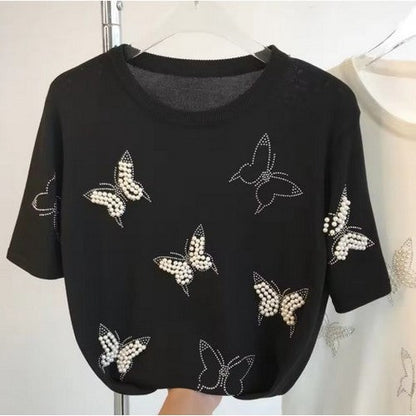 Rhinestone & Pearl Butterfly Dressy Tee in Black